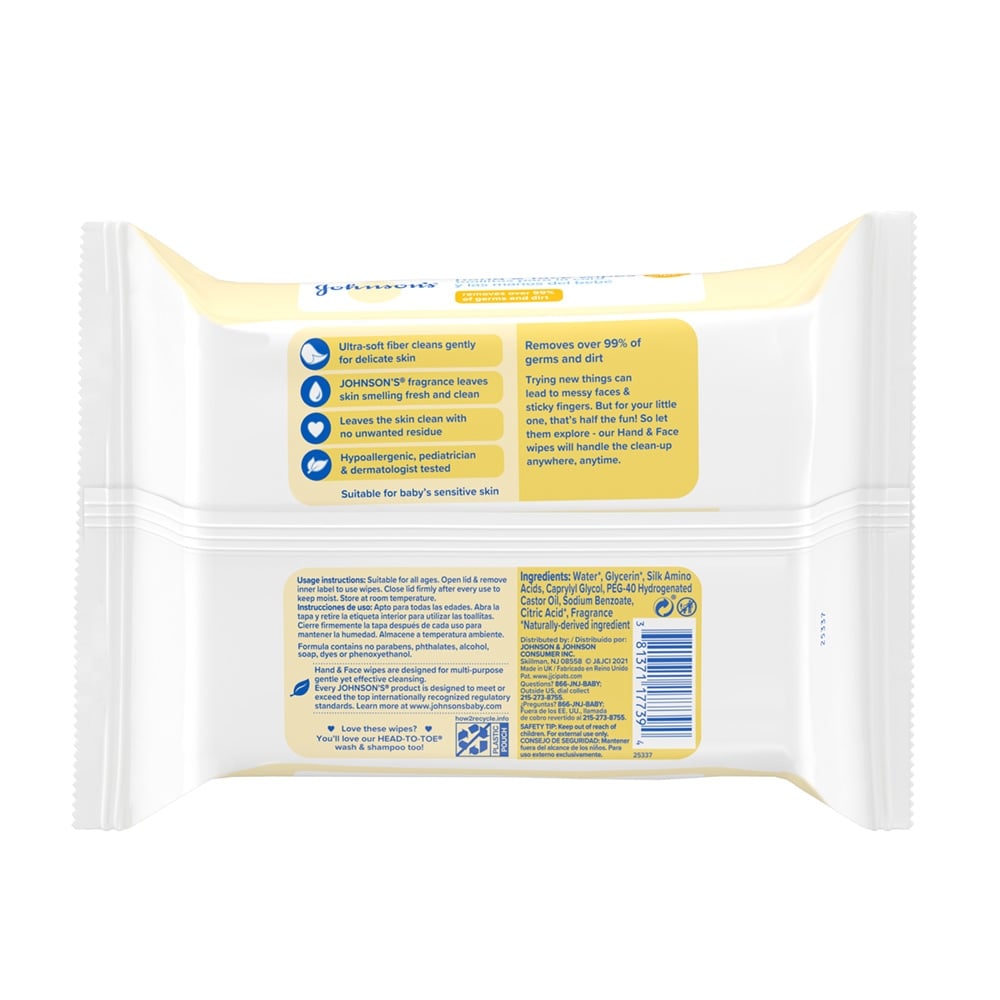 Package of baby wipes with ingredients and product information on the back, boasting ultra-soft fibers and over 99% of germ removal.