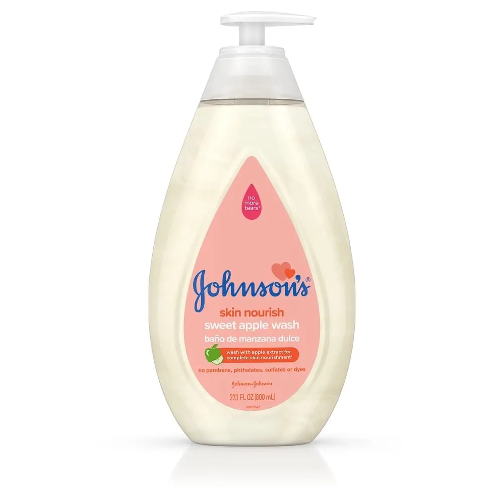 Johnsons Baby Skin Nourish Sweet Apple Wash bottle with pump, 27.1 fl oz, no parabens, phthalates, sulfates, or dyes, illustrated with a small green and red apple.
