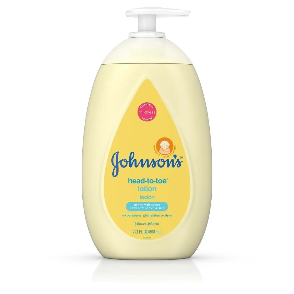 A bottle of Johnson's head-to-toe lotion with a yellow label, indicating it is gentle and free of parabens, phthalates, or dyes.