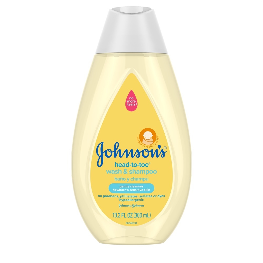 Johnson's head-to-toe wash & shampoo bottle, yellow with a flip cap, 10.2 fl oz (300 ml), suitable for newborns, labeled as free from parabens, phthalates, sulfates, or dyes.