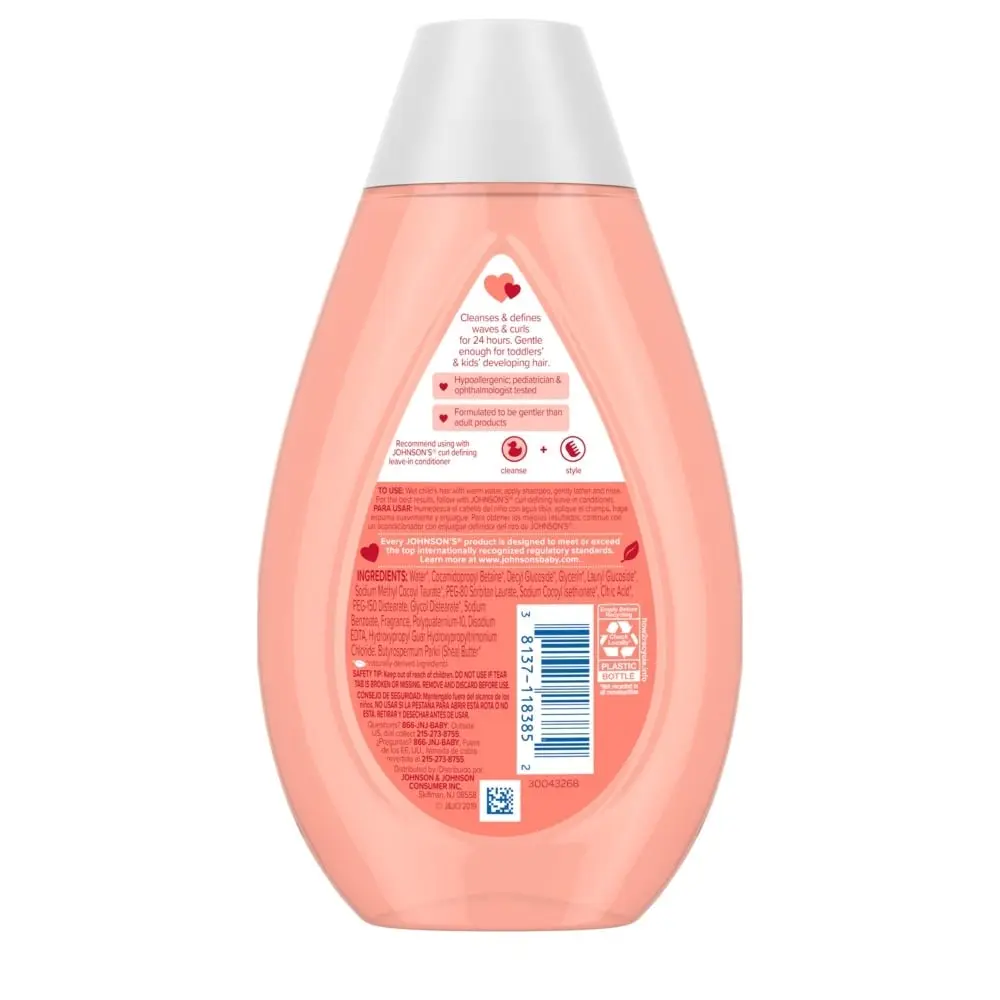 Back view of Johnson's Curl Defining Shampoo bottle showing the ingredients and usage instructions.