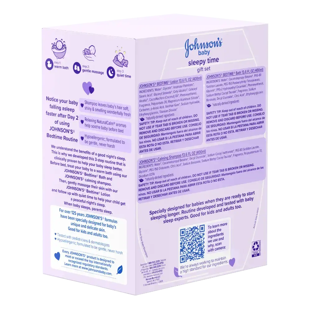 Side view of Johnson's Baby Sleepy Time Gift Set with bedtime routine steps and product details for Bedtime Lotion, Bath, and Shampoo.