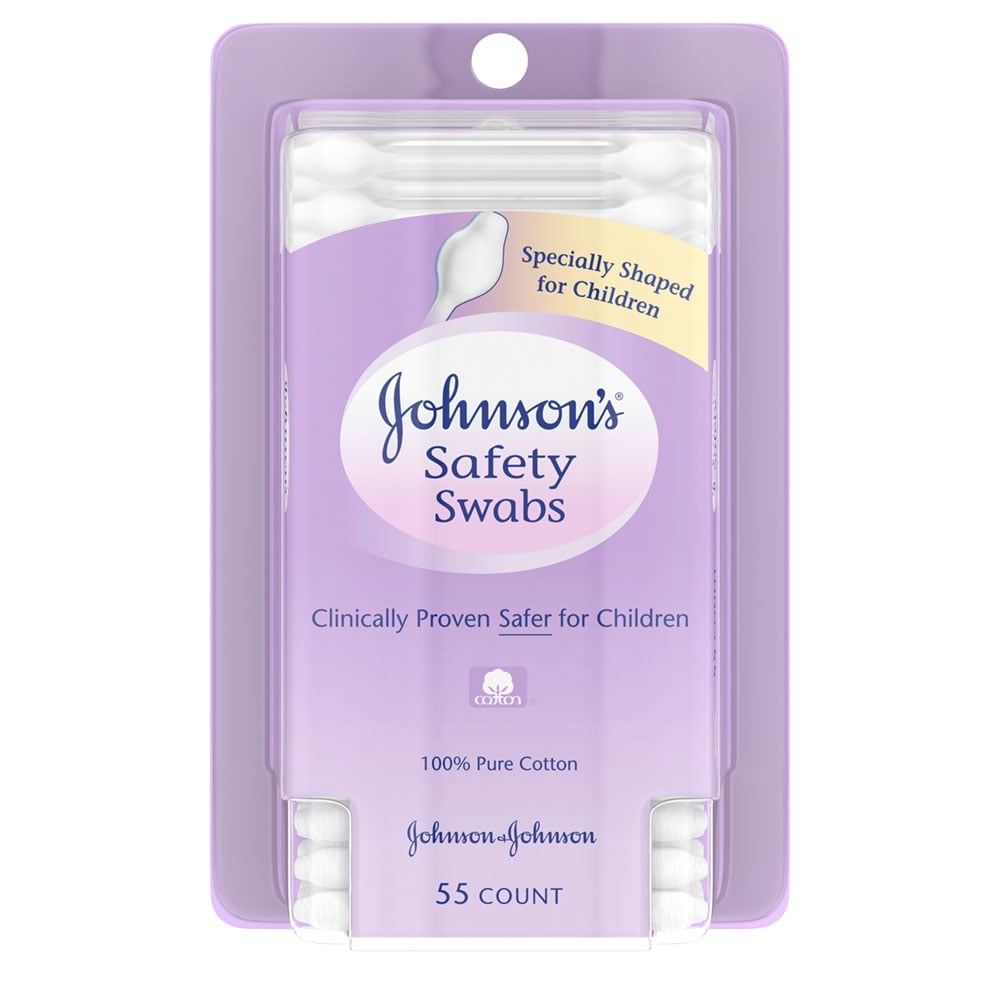 Johnson's Safety Swabs package, specially shaped and clinically proven safer for children, made with 100% pure cotton, containing 55 swabs.