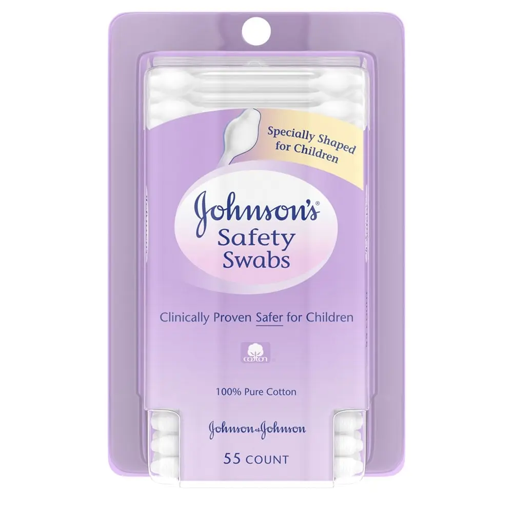 Johnson's Safety Swabs package, specially shaped and clinically proven safer for children, made with 100% pure cotton, containing 55 swabs.