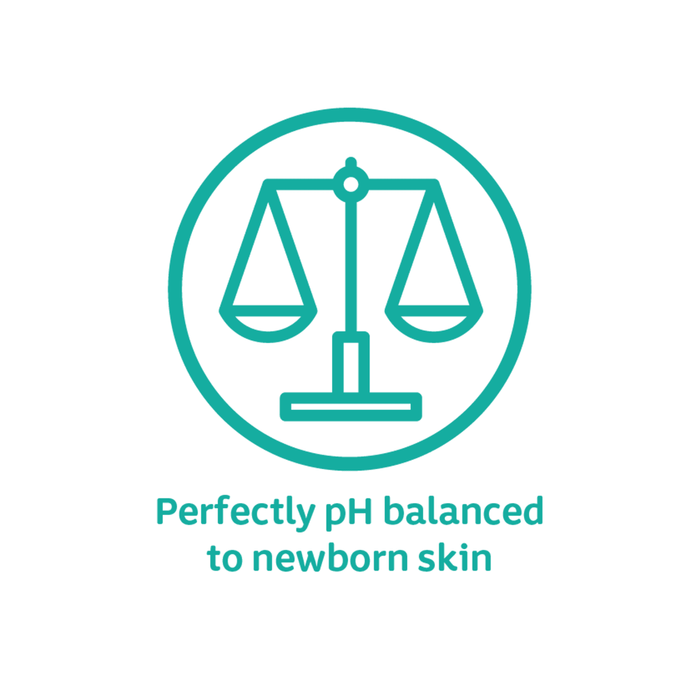 Green icon of balanced scales within a circle with the text Perfectly pH balanced to newborn skin underneath.