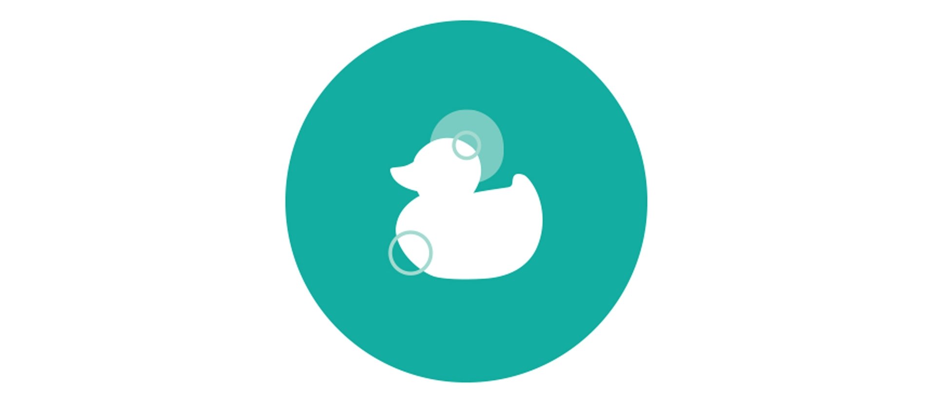 Duck icon sitting on a teal circle background, with a few translucent white circles overlayed near various parts of the duck’s body.