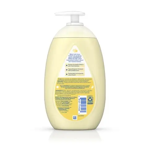 A bottle of baby lotion with a pump dispenser stands alone. The label displays the text: "Baby Dove Lotion, Rich Moisture, Hypoallergenic, Pediatrician Approved, 0% Parabens, Dye-Free, Fragrance-Free, 20 fl oz (591 ml)."