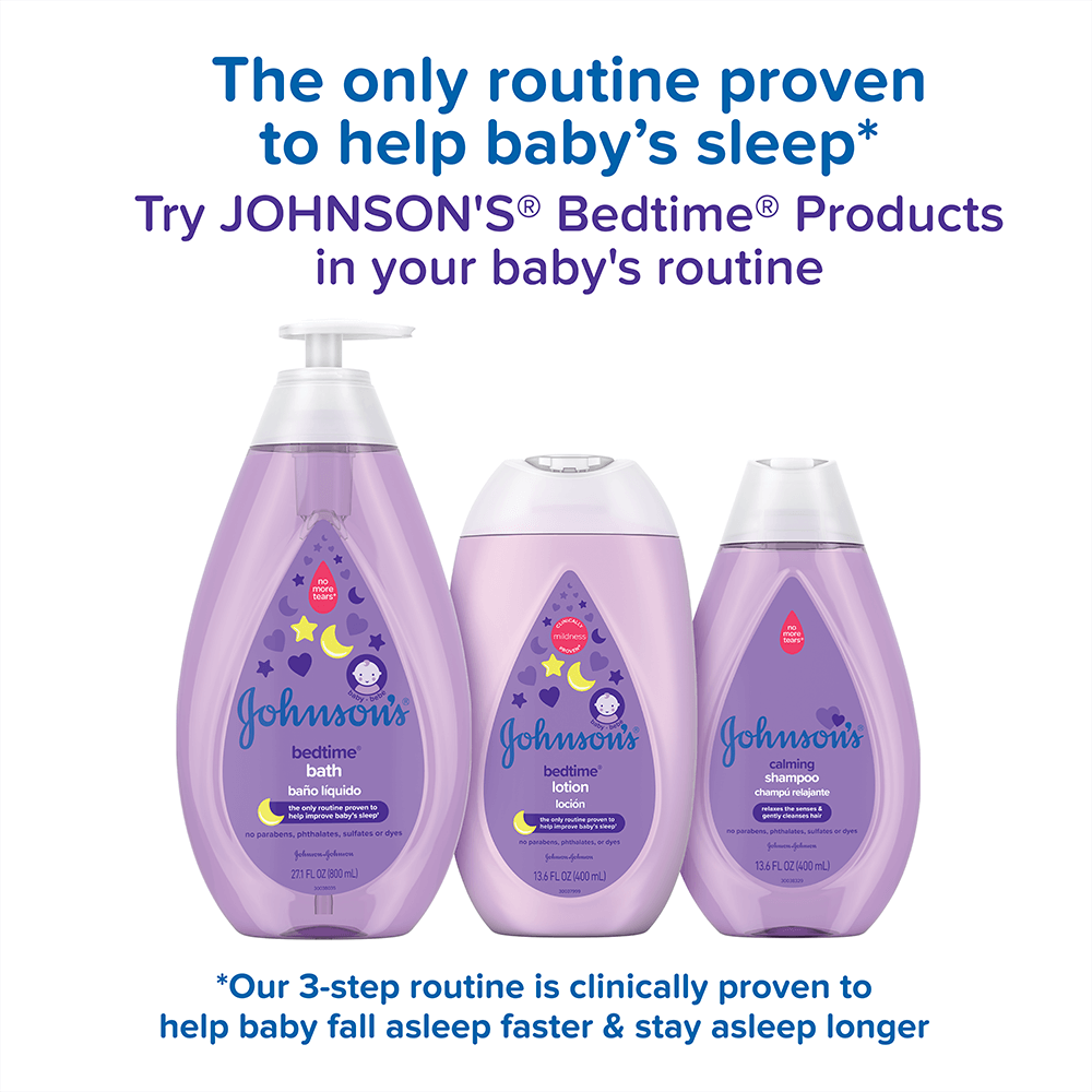 Johnson's Bedtime products bath, lotion, and shampoo, with text: 'The only routine proven to help baby's sleep. Our 3-step routine is clinically proven to help baby fall asleep faster & stay asleep longer'. Try in your baby's routine.
