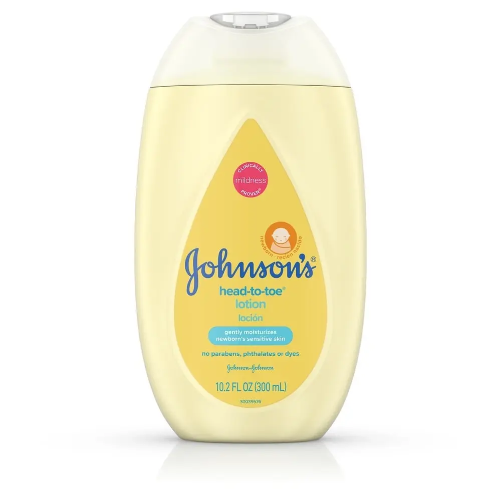 A 10.2 fl oz bottle of Johnson's head-to-toe lotion with a yellow label, indicating it is gentle and free of parabens, phthalates, or dyes.