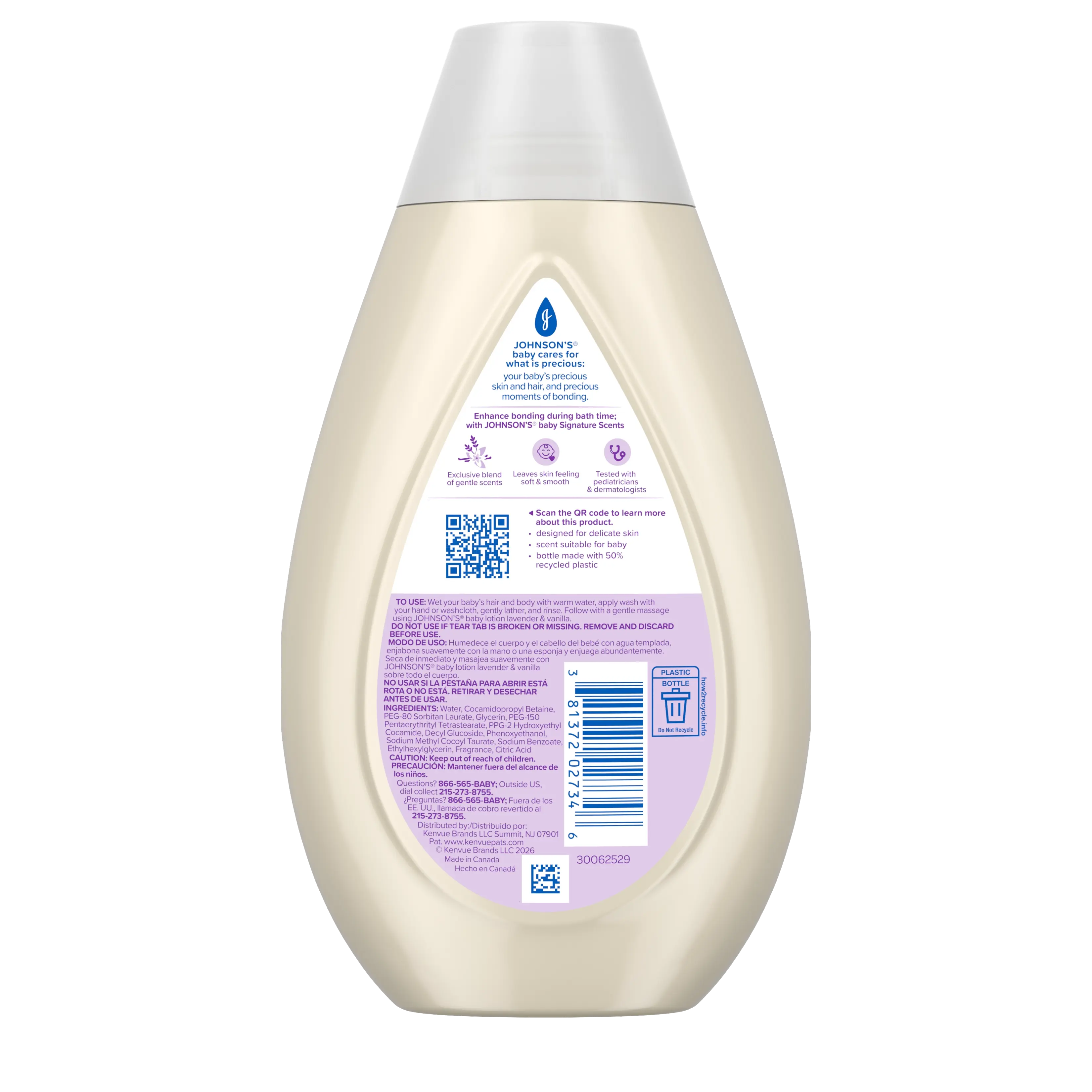 Back of Pack Shot JOHNSON’S® Baby Wash & Shampoo, Lavender & Vanilla Scent, 13.6oz
