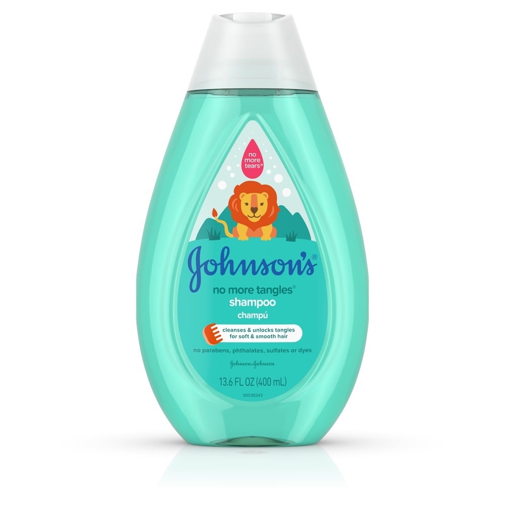 Johnson's Baby No More Tangles shampoo, 13.6 FL OZ (400 mL), with a lion illustration, cleanses and unlocks tangles for soft and smooth hair, free from parabens, phthalates, sulfates, and dyes.