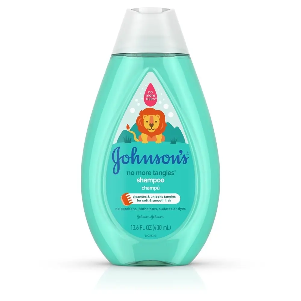 Johnson's Baby No More Tangles shampoo, 13.6 FL OZ (400 mL), with a lion illustration, cleanses and unlocks tangles for soft and smooth hair, free from parabens, phthalates, sulfates, and dyes.