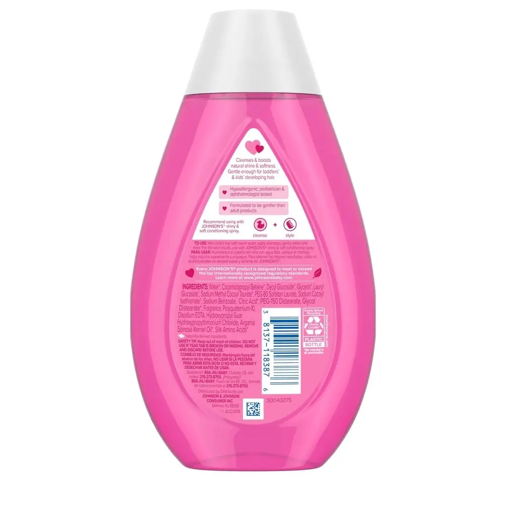 Back view of Johnson's Baby Shiny & Soft Shampoo bottle with ingredient details and instructions on the back label.