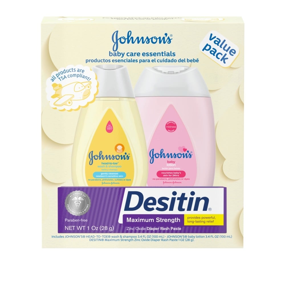 Johnsons baby care essentials value pack, including Johnsons baby lotion and Desitin Maximum Strength diaper rash paste, with products marked as TSA compliant and paraben-free.