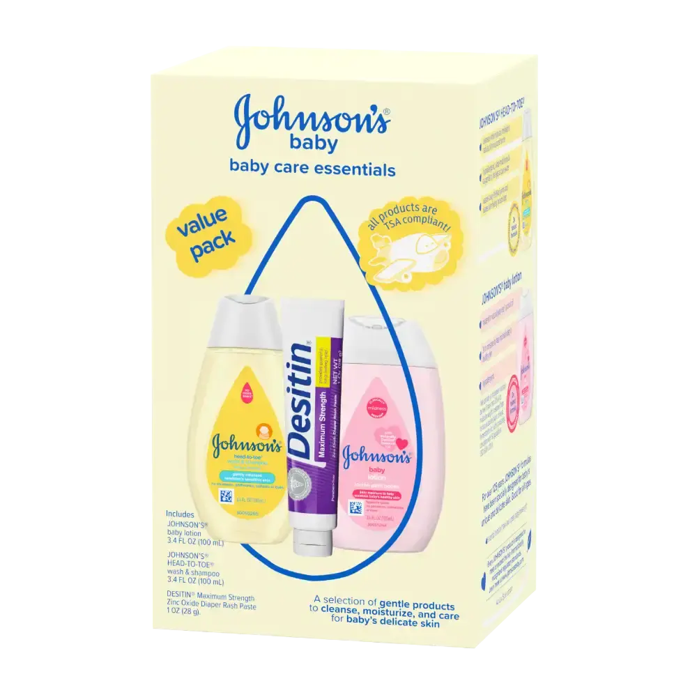Johnson's baby care essentials value pack: New look! Includes gentle lotion, wash & shampoo, and diaper rash paste, all TSA compliant.