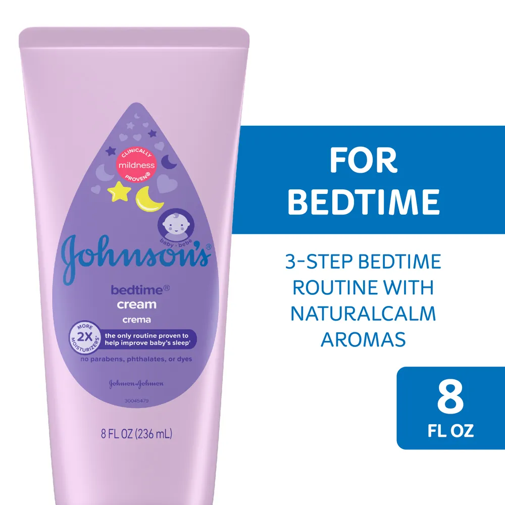 Johnson's Bedtime Cream in an 8 fl oz lavender tube, labeled for a 3-step bedtime routine with natural calm aromas.