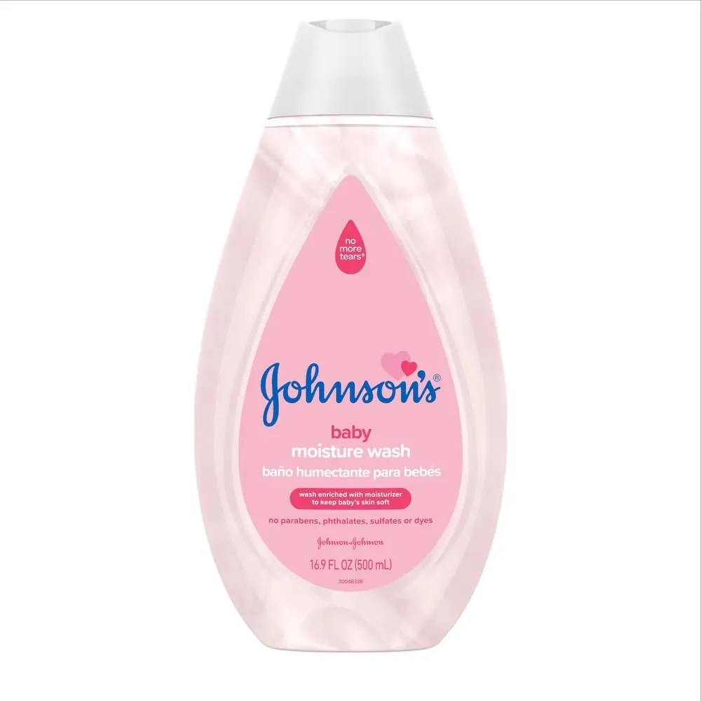 Johnsons Baby Moisture Wash bottle, 16.9 FL OZ (500 mL), pink packaging with 'no more tears' label, suitable for baby's delicate skin, free from parabens, phthalates, sulfates, and dyes.