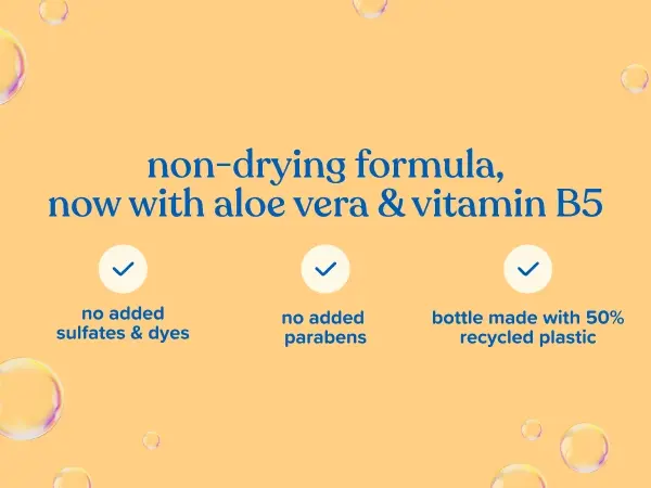 Image featuring a text that reads "Non-drying formula, now with aloe vera & vitamin B5"