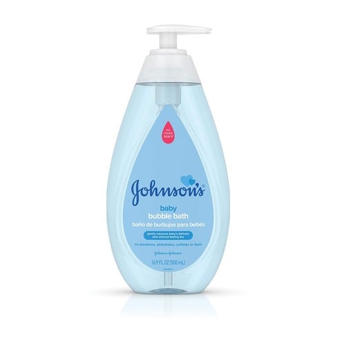 Transparent plastic bottle with a pump dispenser containing blue liquid. "Johnson’s baby bubble bath" text on the front. Context: plain white background. Additional text: "16.9 FL OZ (500 mL)."