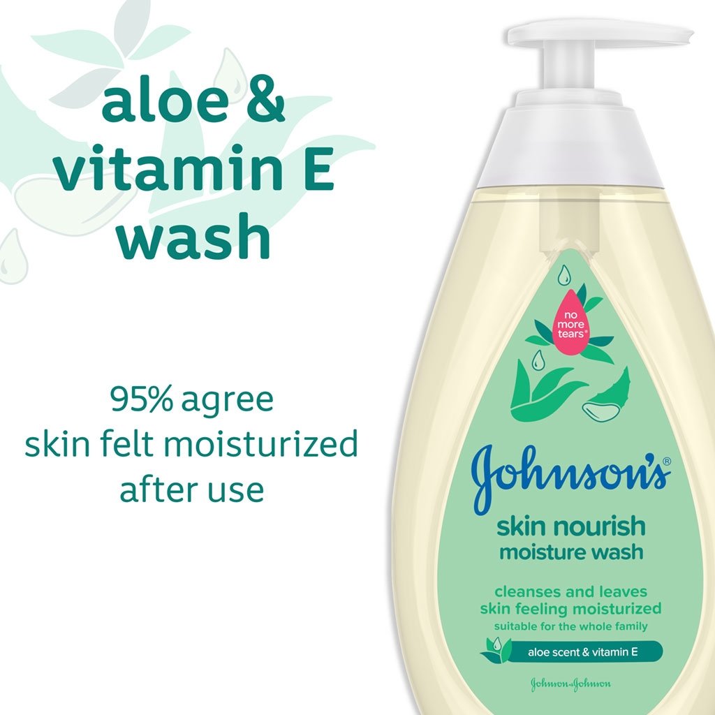 Johnson's Skin Nourish Aloe & Vitamin E Moisture Wash bottle with text stating 95% agree skin felt moisturized after use.