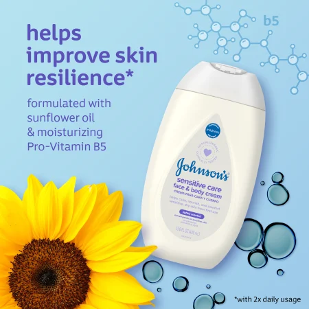 Johnson's Baby Sensitive Care Face & Body Cream bottle, sunflower, molecular B5 symbols. Text reads: helps improve skin resilience, with 2x daily usage. Formulated with sunflower oil and Pro-Vitamin B5.