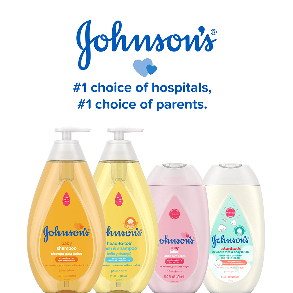 Four bottles of Johnson's baby products with text '#1 choice of hospitals, #1 choice of parents.