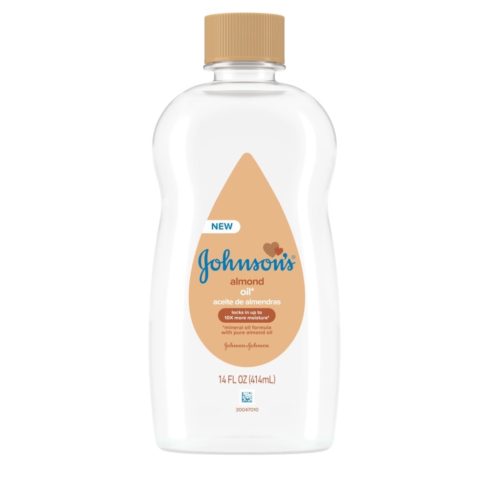 Aceite de almendras Johnson's, envase de 14 fl oz, con una etiqueta que dice que es nuevo, hidrata la piel del bebé y está hecho con aceite de almendras.