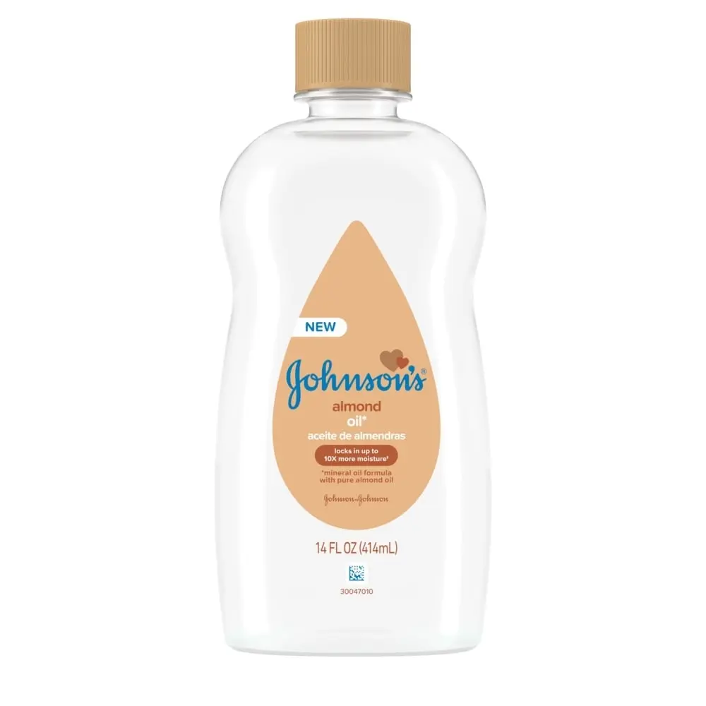 Johnson's Almond Oil, 14 fl oz bottle, labeled as new, moisturizes baby's skin, made with almond oil.