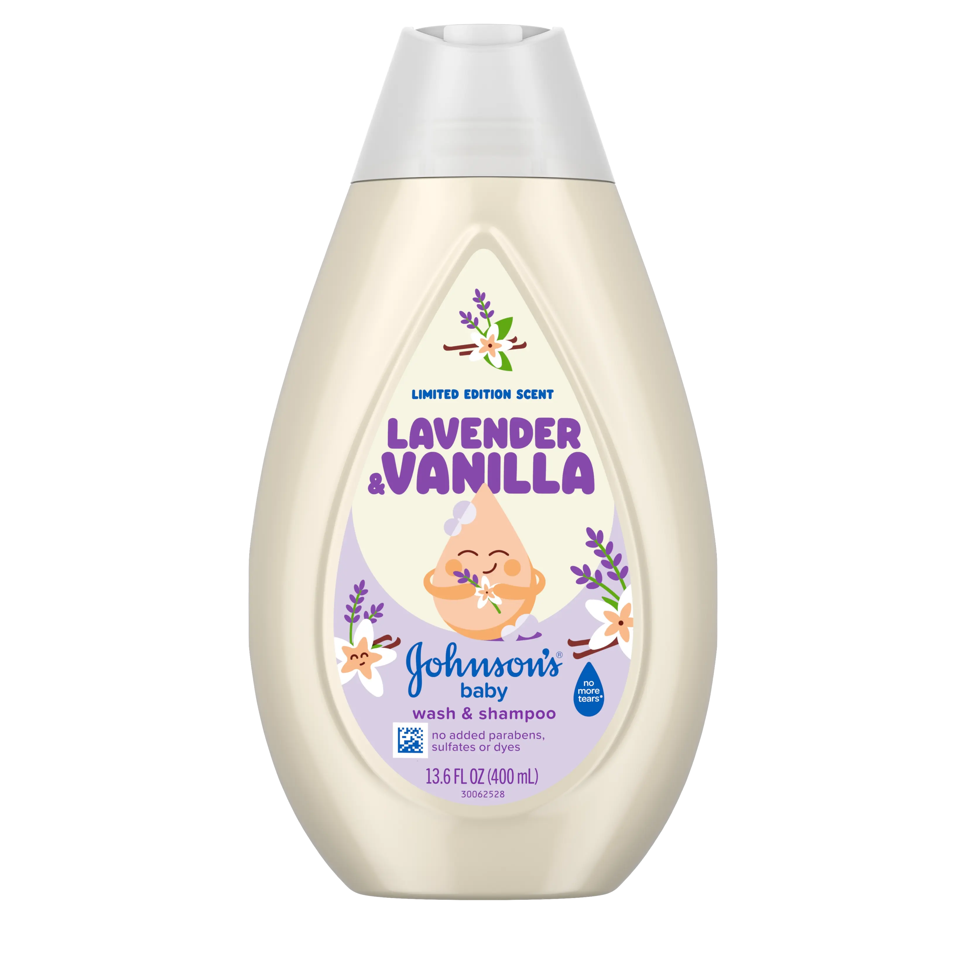  Front Pack Shot of JOHNSON’S® Baby Wash & Shampoo, Lavender & Vanilla Scent, 13.6oz