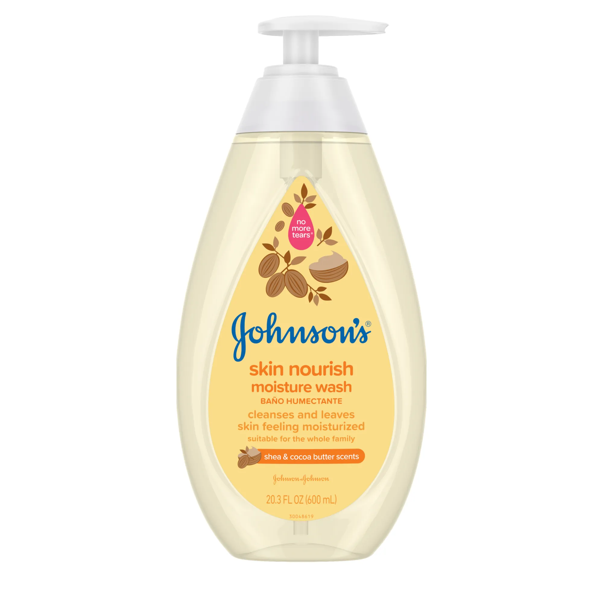 Jabón líquido humectante Johnson's Baby Skin Nourish con aromas de karité y manteca de cacao, 20,3 fl oz (600 ml), limpia y deja la piel humectada, apto para toda la familia, con fórmula No More Tears.