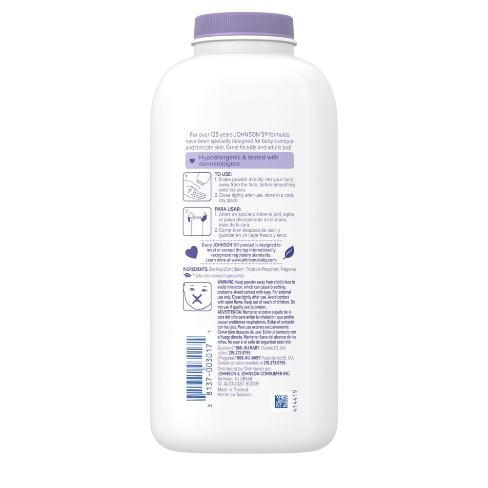 A white bottle with a purple cap displaying text and symbols on the back, including instructions and barcode, against a plain white background. The bottle stands upright. Text: "JOHNSON'S Baby Powder...POWDER...".