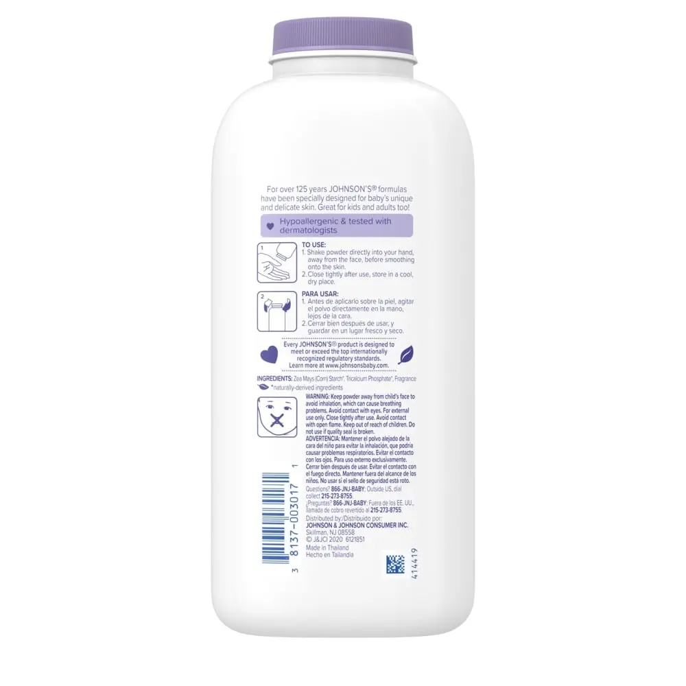 A white bottle with a purple cap displaying text and symbols on the back, including instructions and barcode, against a plain white background. The bottle stands upright. Text: "JOHNSON'S Baby Powder...POWDER...".