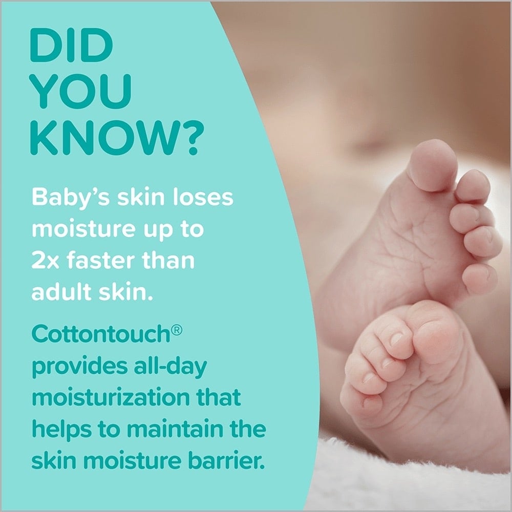 Close-up of baby feet with text explaining that baby's skin loses moisture up to 2x faster than adult skin and that CottonTouch provides all-day moisturizing to maintain the skin moisture barrier.