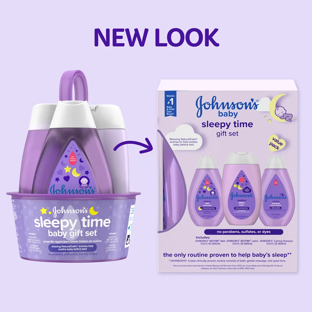 "Johnson's Baby Sleepy Time Gift Set with a new look, featuring a purple carrying container and updated packaging for Bedtime products."