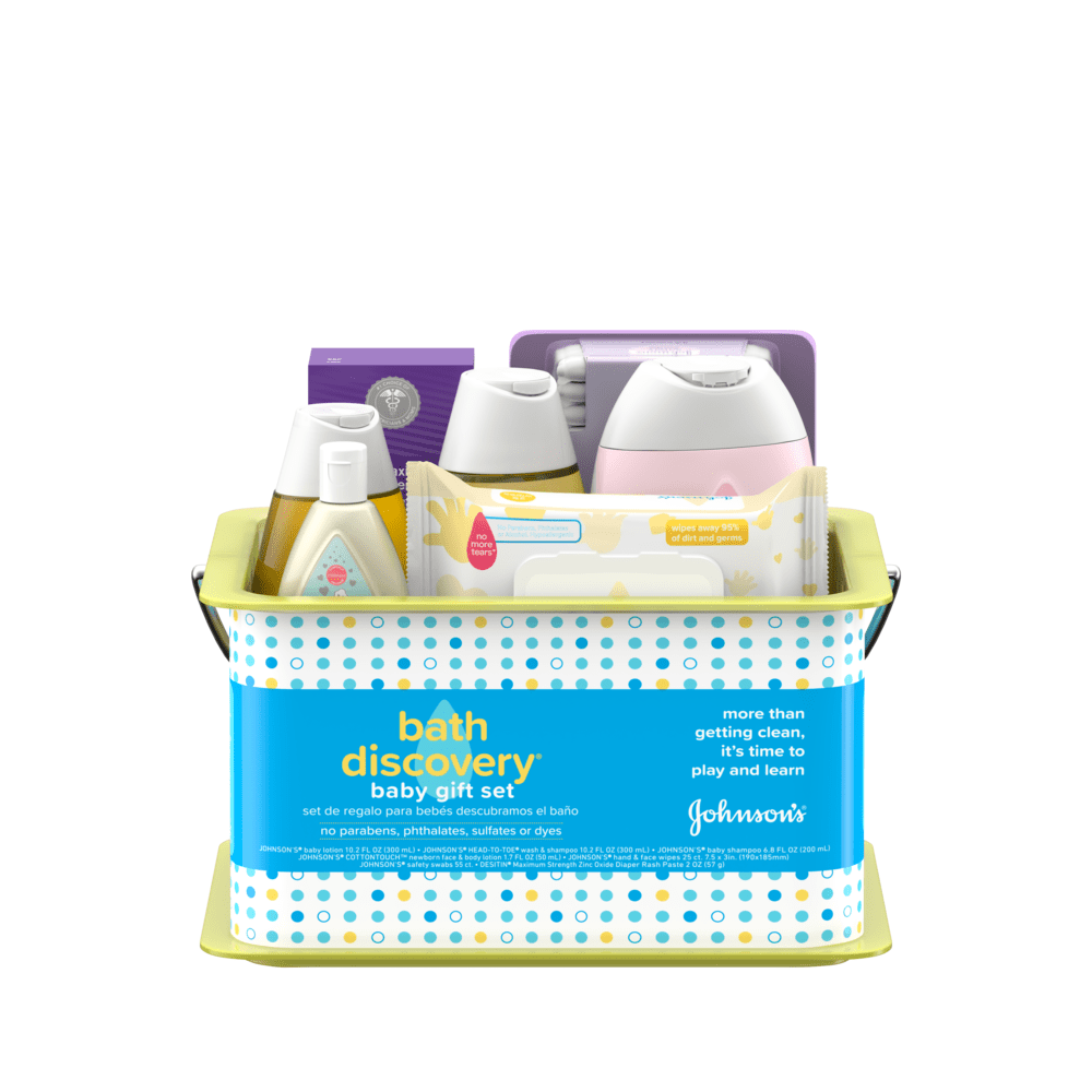 Johnsons Baby bath discovery gift set including baby shampoo, baby lotion, baby wash, and bath sponge in a decorative bucket. No parabens, phthalates, sulfates or dyes.