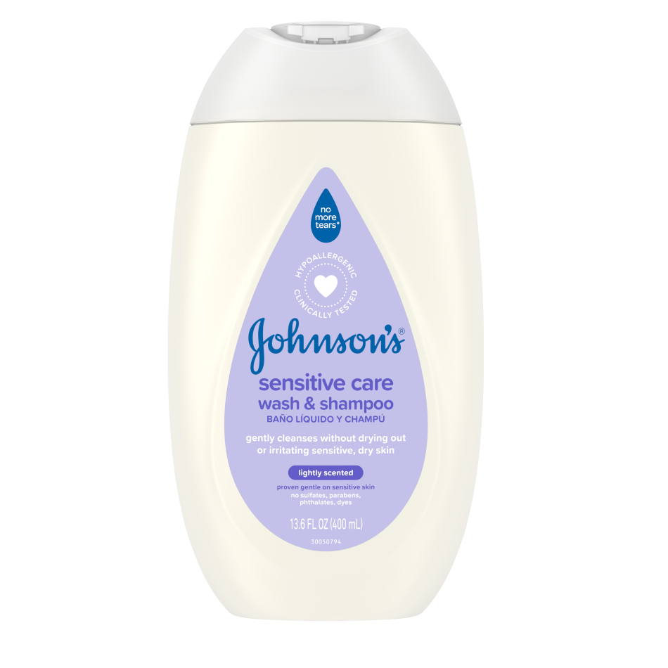 Johnson's Sensitive Care Wash & Shampoo, 13.6 fl oz bottle, hypoallergenic and lightly scented, suitable for dry, sensitive skin.