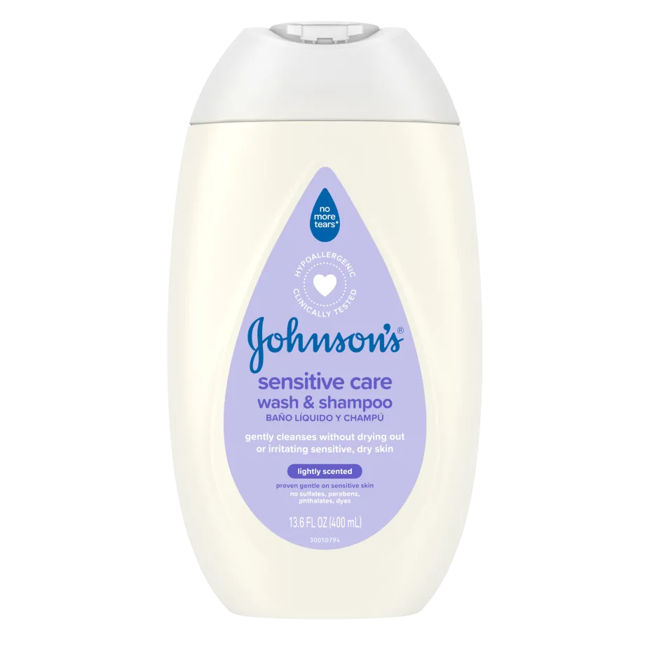 Johnson's Sensitive Care Wash & Shampoo, 13.6 fl oz bottle, hypoallergenic and lightly scented, suitable for dry, sensitive skin.