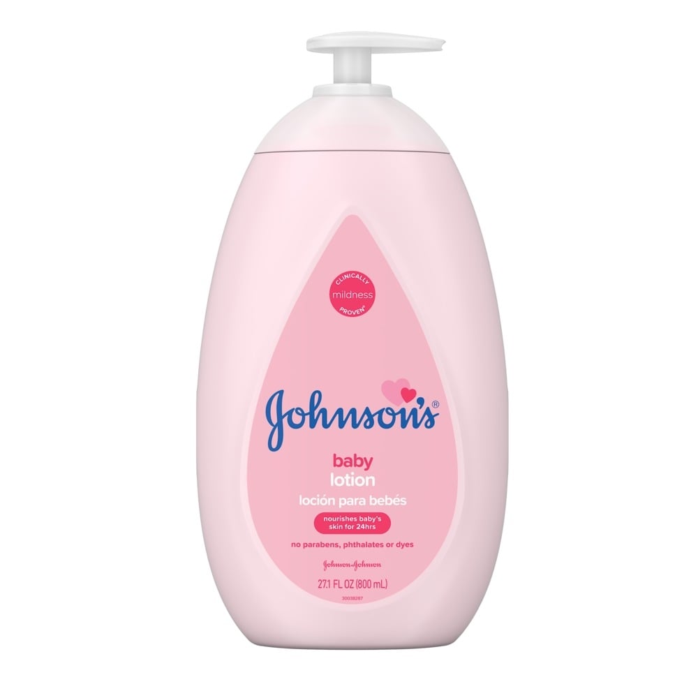 Pink bottle of Johnson's baby lotion with a pump, 27.1 fl oz (800 ml), labeled to nourish baby's skin for 24 hours with no parabens, phthalates, or dyes.