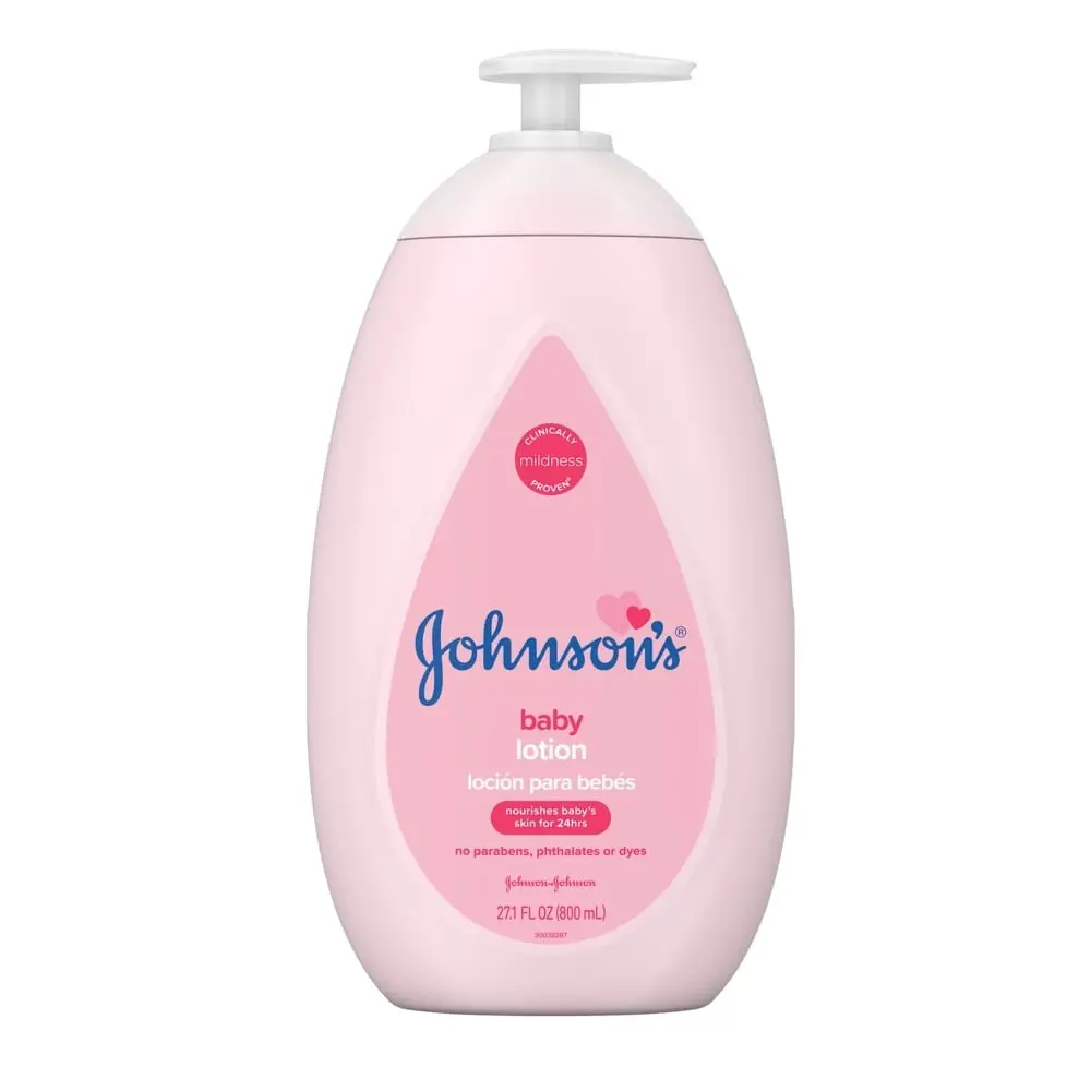 Pink bottle of Johnson's baby lotion with a pump, 27.1 fl oz (800 ml), labeled to nourish baby's skin for 24 hours with no parabens, phthalates, or dyes.