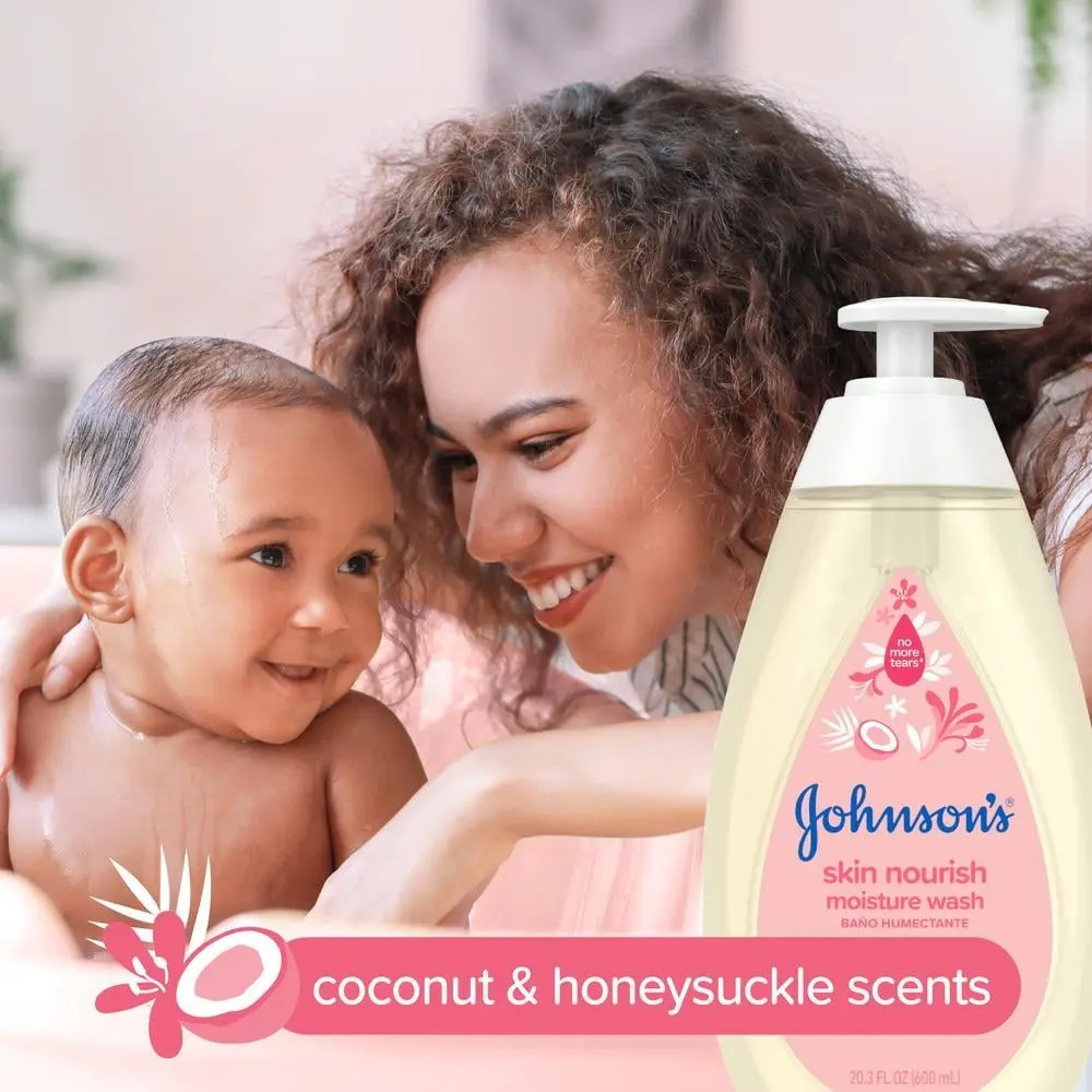 A baby smiles in a bathtub as a woman smiles back, with a pump bottle of Johnson's skin nourish moisture wash (coconut and honeysuckle scents) in the foreground. Text: "no more tears®".