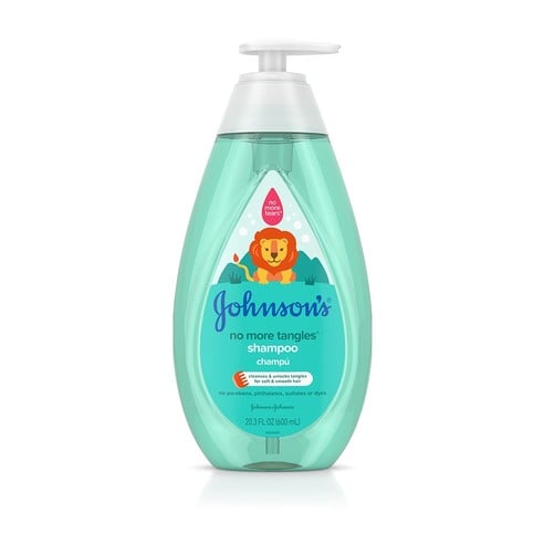 A clear bottle with a white pump dispenser containing Johnson's no more tangles shampoo for children, featuring a lion illustration; text includes "23.7 FL OZ (700 mL)" and "No parabens, phthalates, sulfates or dyes."