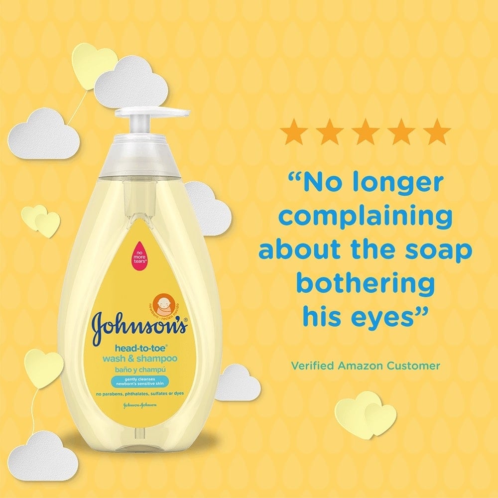 Johnson's Head-to-Toe Wash & Shampoo, with a review from a verified Amazon customer that reads: "No longer complaining about the soap bothering his eyes," and a four-star rating.