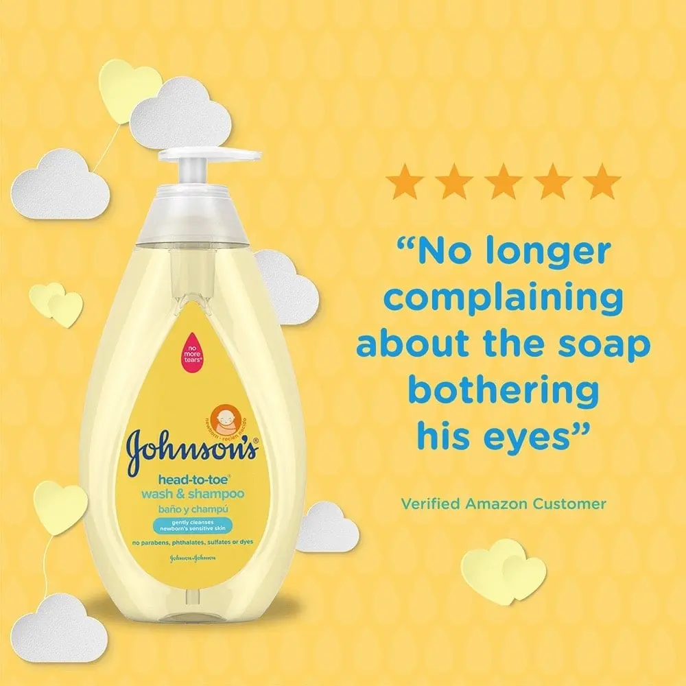 Johnson's Head-to-Toe Wash & Shampoo, with a review from a verified Amazon customer that reads: "No longer complaining about the soap bothering his eyes," and a four-star rating.