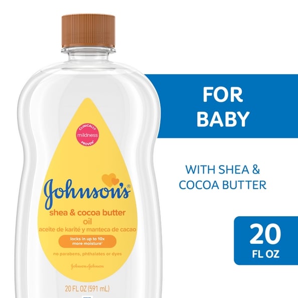 Johnson's Baby Shea & Cocoa Butter Oil, 20 fl oz bottle, with mildness guarantee, no parabens, phthalates, or dyes, locks in up to 10x more moisture, suitable for babies.