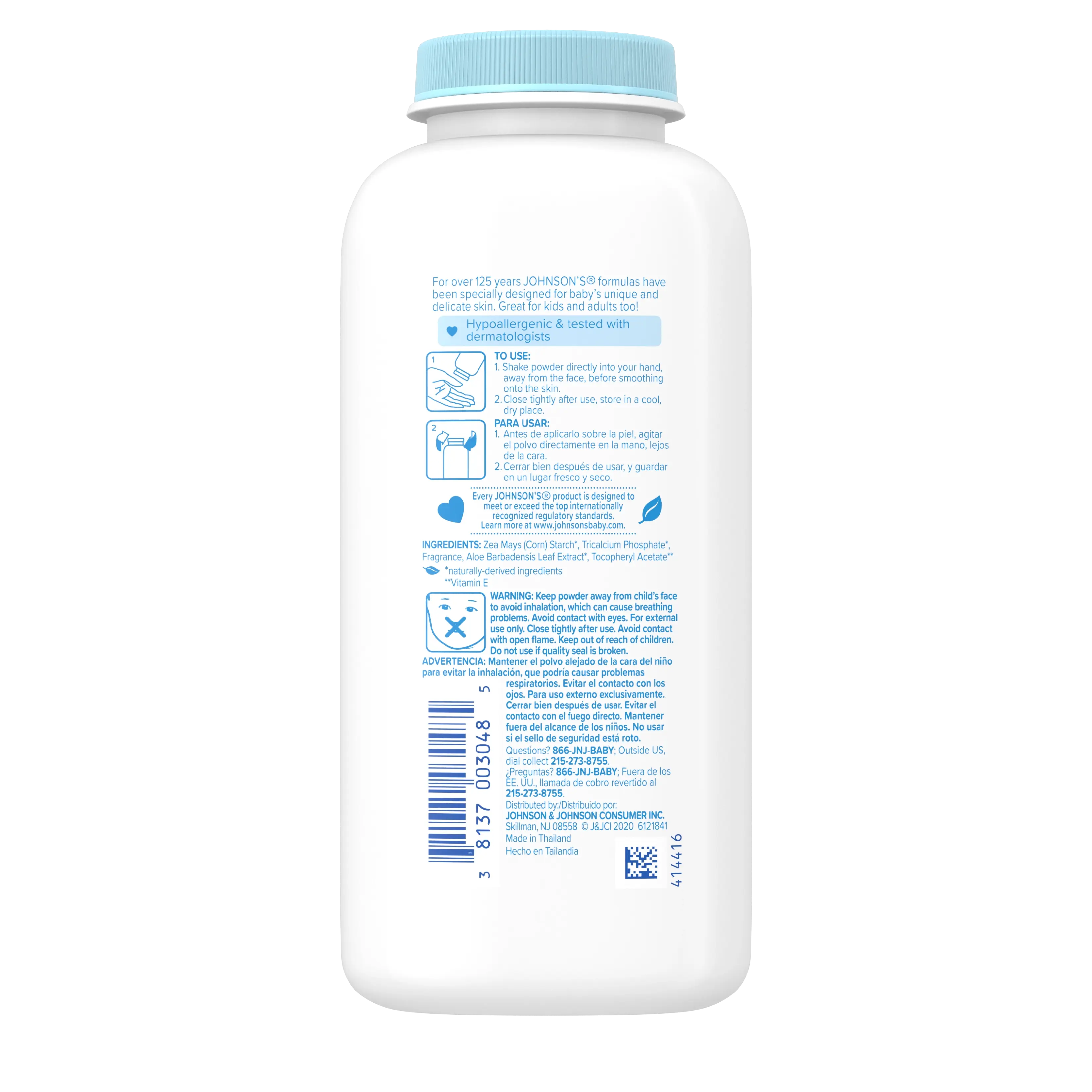 Back Pack Shot of Johnson's® Cornstarch Baby Powder with Aloe & Vitamin E 9oz 255g