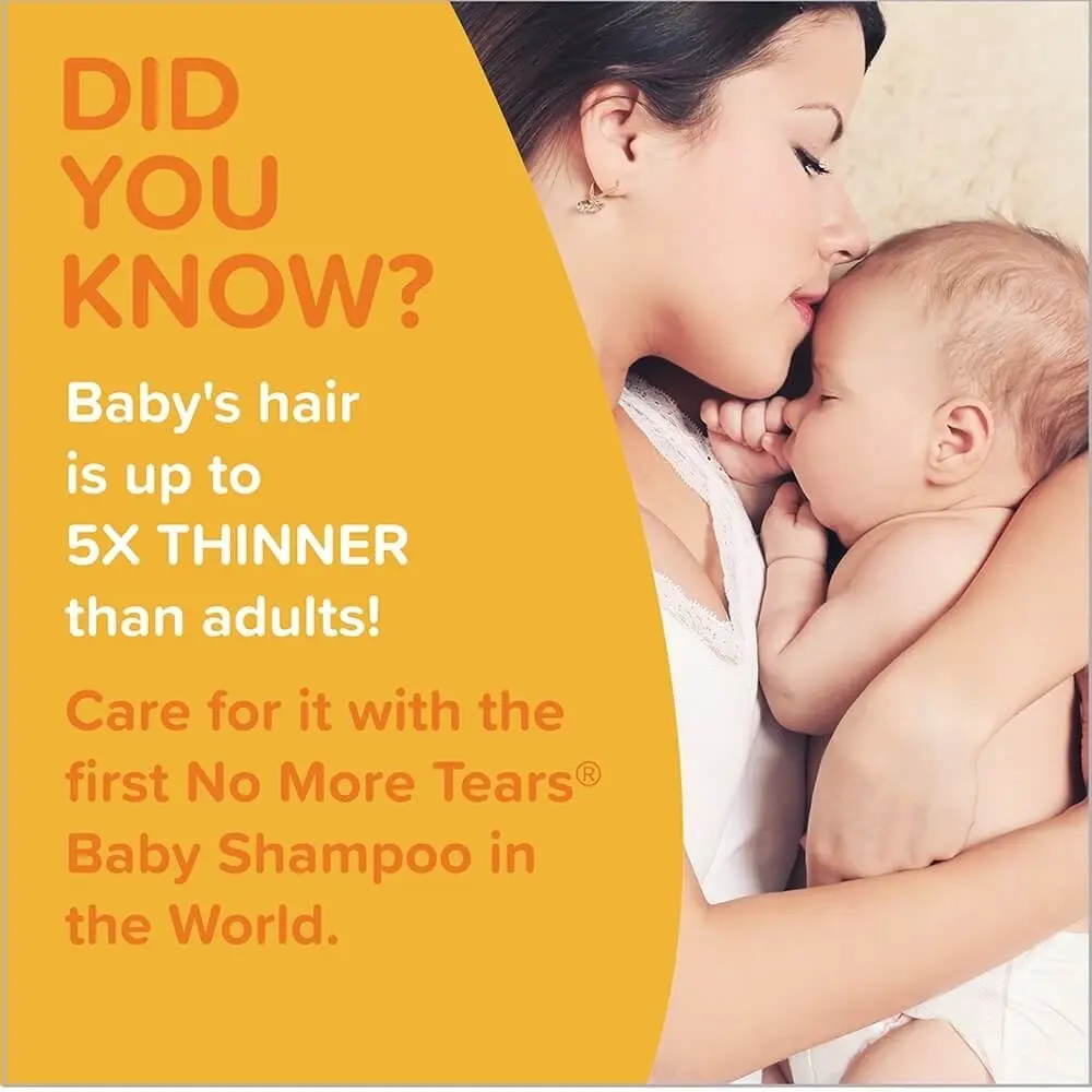 A mother affectionately and gently holding her baby, alongside the text: "Did you know? Baby's hair is up to 5X thinner than adults! Care for it with the first No More Tears Baby Shampoo in the world.