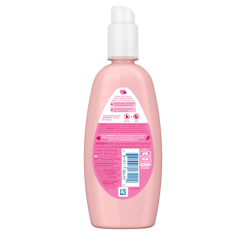 Back view of Johnson's Shiny & Soft Conditioning Spray bottle with ingredient list and product information.