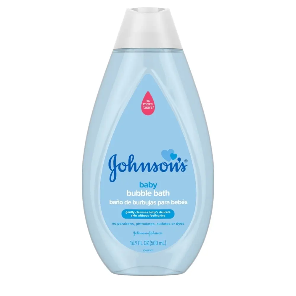 Johnsons Baby Bubble Bath 16.9 fl oz bottle with a label indicating no more tears formula, gentle cleansers for delicate skin, and free from parabens, phthalates, sulfates, or dyes.