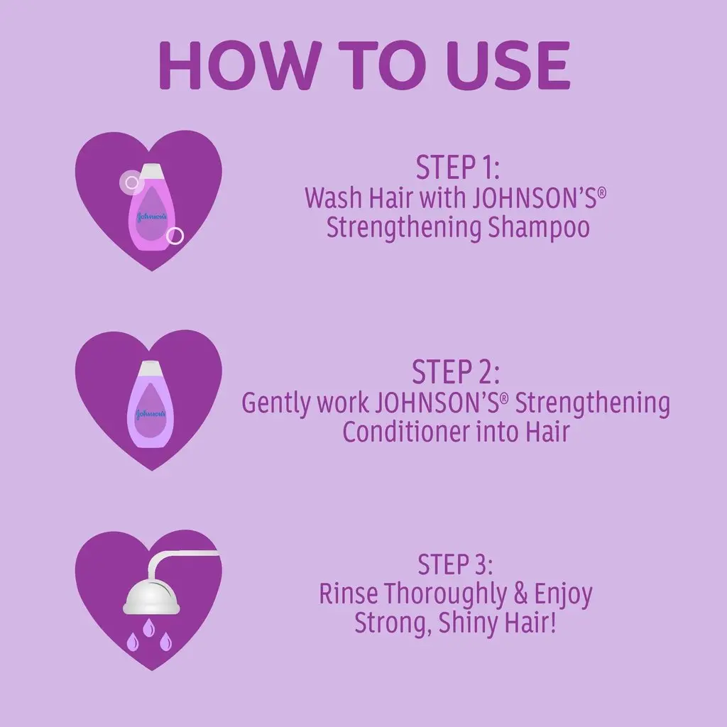 Instructions for using Johnson's Baby Strengthening Shampoo and Conditioner, with three steps: wash hair with shampoo, apply conditioner, and rinse thoroughly.