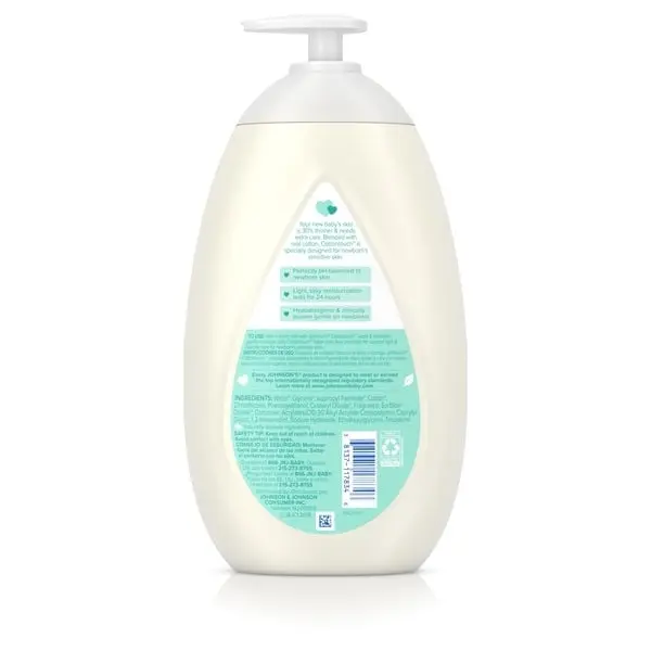 Back view of Johnson's Cotton Touch newborn face and body lotion bottle showing ingredients and product information.